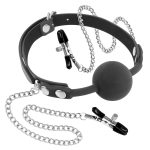 Fetish Tentation Rigid Gag Ball with Nipple Clamps - Повітропроникний кляп із затискачами для сосків