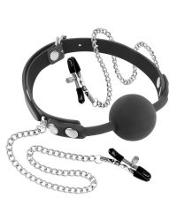 Fetish Tentation Rigid Gag Ball with Nipple Clamps – Повітропроникний кляп із затискачами для сосків
