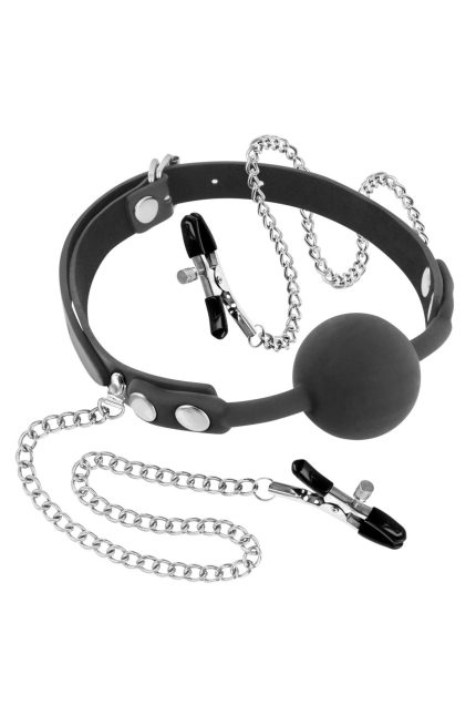 Fetish Tentation Rigid Gag Ball with Nipple Clamps – Повітропроникний кляп із затискачами для сосків