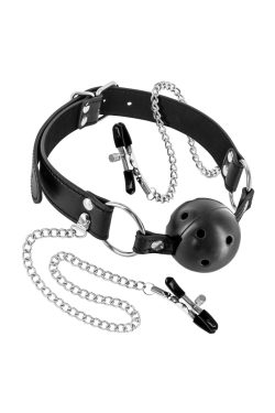 Fetish Tentation Rigid Gag Ball with Nipple Clamps - Повітропроникний кляп із затискачами для сосків - Зображення 2