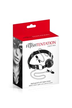 Fetish Tentation Rigid Gag Ball with Nipple Clamps - Повітропроникний кляп із затискачами для сосків - Зображення 3
