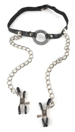 O-Ring Gag with Nipple Clamps - Кляп-кільце з затискачами для сосків (чорний)