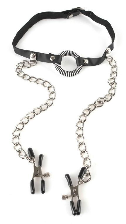 O-Ring Gag with Nipple Clamps – Кляп-кільце з затискачами для сосків (чорний)