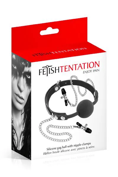 Fetish Tentation Gag Ball with Nipple Clamps, чорний — фото 3