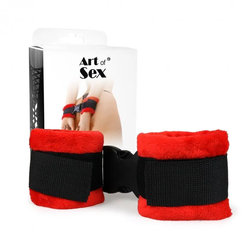 Червоно-чорні плюшеві наручники Art of Sex Soft Touch на пластиковій застібці